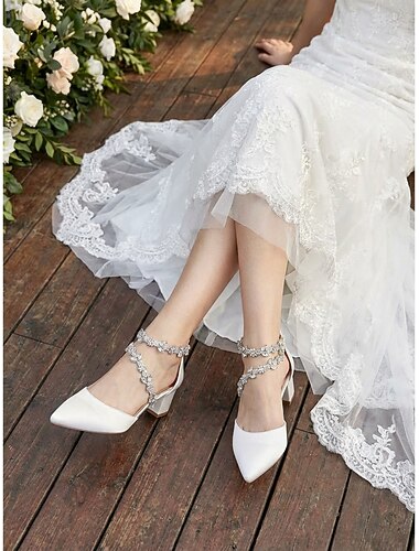 Witte sandalen met dikke hak voor dames - elegante bruidsschoenen met kristallen bandjes voor tuinbruiloften
