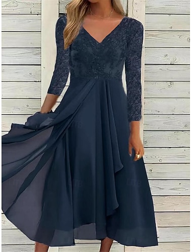  Damen Midikleid Spitzenkleid Freizeitkleid Schwingkleid Tüllkleid Streetwear Lässig Urlaub Straße Ferien Normale Passform Dreiviertelarm V Ausschnitt Blau Grün Sommer