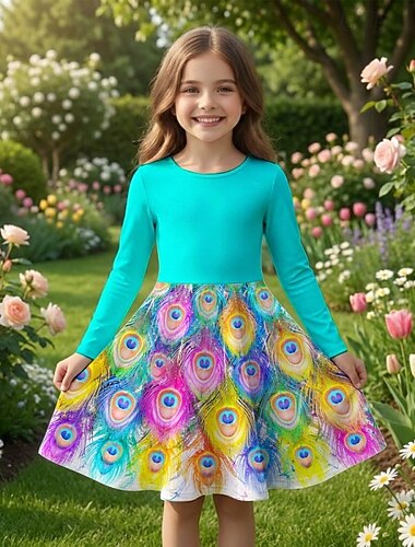  Girls ' 3D Grafika Páva Ruha Hosszú ujj 3D nyomtatás Tavasz Ősz Napi Vakáció Parti Alkalmi Hercegnő gyönyörű Gyerekek 4-12 év hétköznapi ruha A vonalú ruha Térdig érő Normál