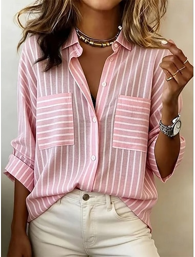  Femmes Chemisier Graphique Rayé Quotidien Élégant Basique manche longue Col de chemise Hauts Longs Quotidien Bleu Noir Jaune Rose Claire Été Printemps