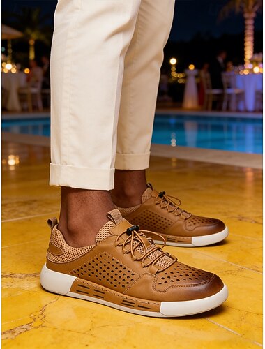  herresko i perforert kunstskinn med uformelle snøresko for komfort, til kvelder på feriesteder, middager ved bassengkanten, kystreiser og smarte, avslappede sommerantrekk.