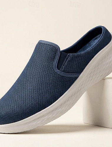  Herre marineblå strikkede slip-on joggesko med lette, pustende og komfortable tursko for hverdagsbruk, reiser, pendling, friluftsliv, helgeaktiviteter og enkel sport, avslappet stil