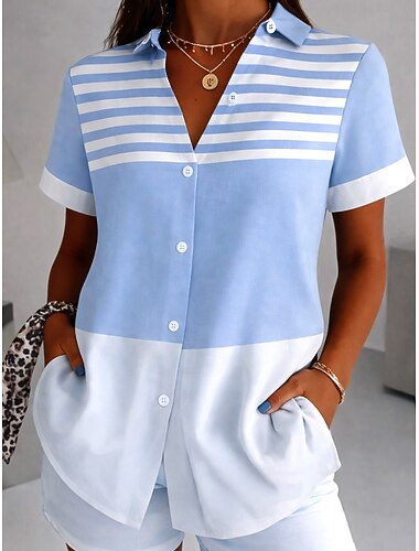  Dame Skjorte Grafisk Geometrisk Årgang Daglig Stilfuld Kortærmet Krave Lange toppe Daglig Orange Mørkeblå Lyseblå Sommer Forår