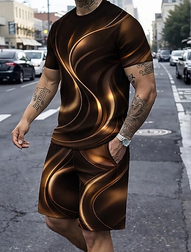  Miesten Geometrinen Viiva 2kpl T-paidat setit Kesän yläosat Lyhythihainen Lyhyet housut Tiukka pyöreä kaula-aukko Vapaa-aika muodikas Päivittäin ulko- Loma 3D-tulostus Kesä Sininen Rubiini Ruskea