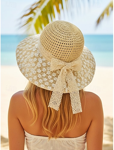 Dame bohemsk vevd solhatt med sløyfe, lett sommerstrandhatt med bred brem for fritidsbruk, reise, ferie, feriested og friluftsliv
