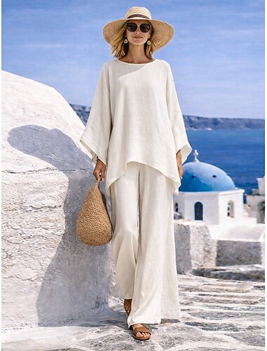  Damen Leinenartiges Set Hosen-Sets Langarm Rundhalsausschnitt Einfarbig Mode Streetwear Lässig Täglich Outdoor Schwarz Weiß Khaki Frühling & Sommer Lässiger Schnitt