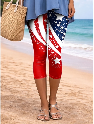  Mulheres chinês Leggings Férias Moda Roupa de rua Capris Cintura AltaPantsDia da Independência Americana Gráfico Bandeira americana Conforto Macio Confortável Elasticidade Alta Diário Ao ar livre