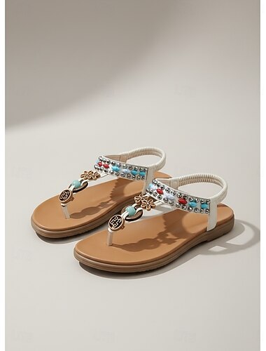  Sandales bohèmes noires pour femmes - chaussures de marche ethniques à bride en T ornées de perles et dotées d'une bride arrière élastique confortable, idéales pour les vacances en plein air et les