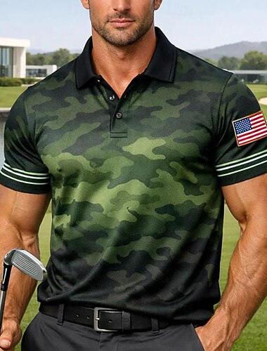  4 يوليو 2026، الذكرى 250 رجالي تمويه غولف قمصان بولو رياضية كم قصير قمصان البولو قميص بياقة كاجوال ملابس الرياضة Buttons الصيف الربيع أزرق أخضر خضار العسكري