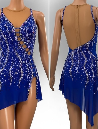  Klänningar till konståkning Dam Skridskor Klänningar Blå Lappverk Asymmetrisk nederkant Elastisk Träning Tävling Skridskoplagg Klassisk Kristall / Strass Stenar Ärmlös Skridskoåkning Konståkning