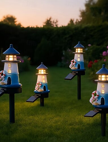  Lot de 2 lampes solaires d'extérieur pour jardin, cour ou aménagement paysager, style phare en résine, étanches, idéales pour les fêtes, allées de jardin, camping et décoration.