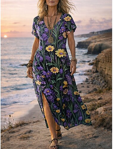  Damskie Sukienka maxi Sukienka Boho Codzienne sukienki Sukienka A line Sukienka z nadrukiem Zabytkowe Na zewnątrz Plaża Urlop Regularny Kwiaty Graficzny Krótki rękaw W serek Fioletowy Lato Wiosna