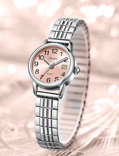  Dámské hodinky s ocelovým gumičkou, snadno čitelné dámské quartzové hodinky s růžovým ciferníkem a datumovkou, strečový náramek z nerezové oceli pro dívky, dárek, módní ležérní vodotěsné