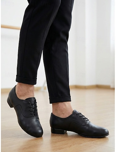  Zwarte ballroomdansschoenen voor heren - lage hak, vetersluiting, geschikt voor professionele oefeningen in latin, salsa en tango. &functionele schoenen