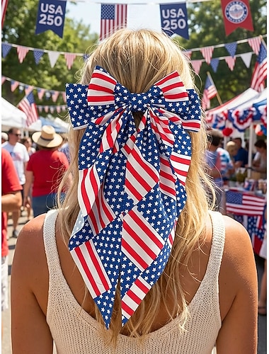  Patriottische polyester haarstrik voor dames, grote haarstrik met vlagprint in verschillende patronen, perfect voor de viering van het 250-jarig bestaan van de VS, Onafhankelijkheidsdag, casual kleding, reizen en vakanties.