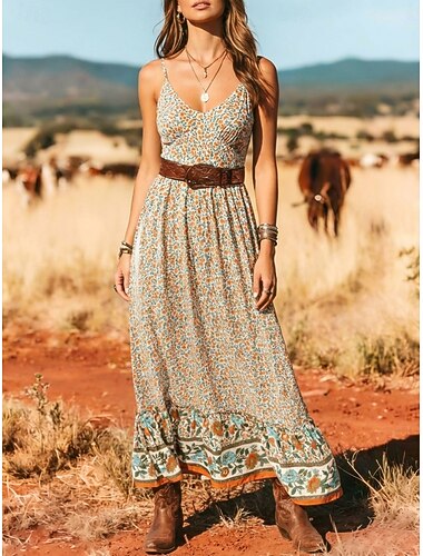  Damen Maxikleid Boho-Kleid Freizeitkleid Unterkleid Elegant Mode Modern Outdoor Urlaub Ausgehen Normale Passform Blumen Ärmellos V Ausschnitt Schwarz Rote Beige Sommer Frühling