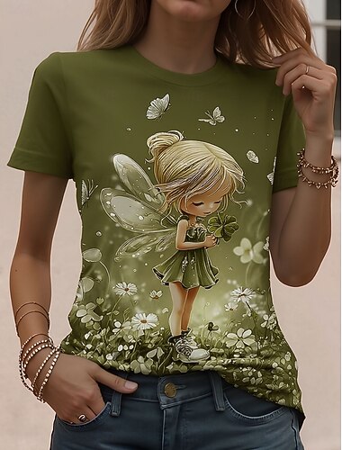  Dame T skjorte Trykt mønster Grafisk Dyr Årgang Stilfull Klassisk Kortermet Crew-hals Rund hals Vanlige topper Daglig Helg Blå Rosa Grønn Sommer Vår