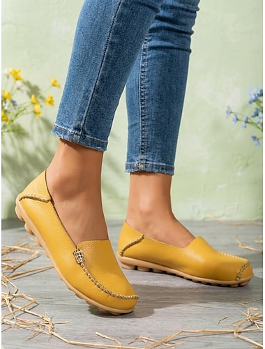  Mocassins jaunes pour femmes, chaussures décontractées confortables et faciles à enfiler, chaussures de marche souples et légères pour un usage quotidien, les voyages et le travail. &loisirs du