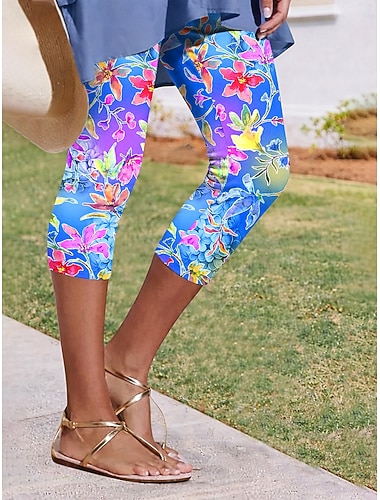  Damen Chinos Leggings Urlaub Mode Streetwear Capris Hohe Taille Blumen Grafik Komfort Weich Bequem Dehnbar Täglich Outdoor Urlaub Blau Fuchsie Grün Sommer Frühling Herbst Schmale Passform