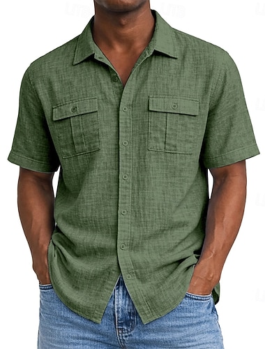  Pánské Košile Lněná košile Letní košile Oblečení na pláž Košile na knoflíky Pevná barva Ležérní Dovolená Bílá Námořnická modř Nebeská modř Trávová zelená Krátký rukáv Přehnutý Léto Jaro Oblečení