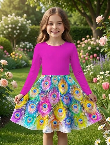  Mädchen' 3D Grafik Pfau Kleid Langarm 3D-Druck Frühling Herbst Täglich Urlaub Party Lässig Prinzessin Schön Kinder 4-12 Jahre Freizeitkleid A Linie Kleid Knielang Normale Passform