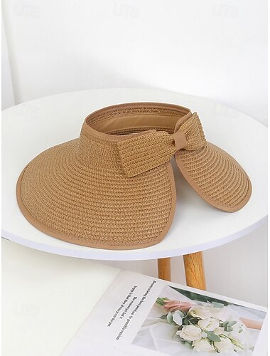  Dameshoed met brede rand, strooien zonneklep, opvouwbaar, open bovenkant, verkrijgbaar in diverse kleuren, lichtgewicht zomerhoed voor strand, vakantie en buitenactiviteiten.