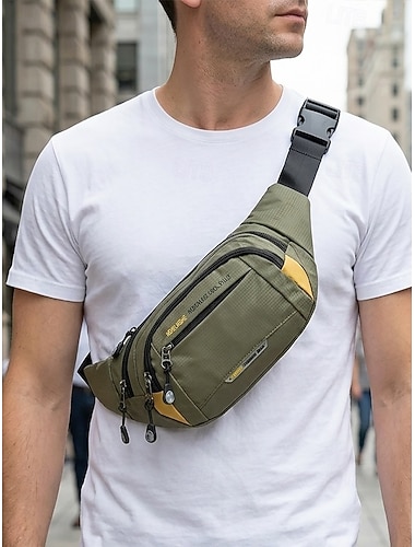  Herre nylon midjeveske, flerfarget mageveske med stor kapasitet, rom med flere lommer, justerbart belte, crossbody brystveske for hverdagsbruk, fotturer, utendørssport og reiser