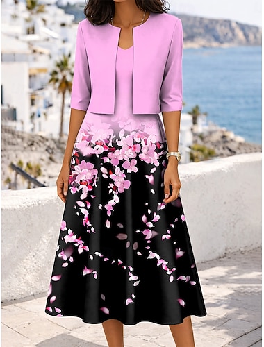  Damen Kleid-Set A Linie Kleid Elegant Lässig Blumen Grafik Geschichtet Druck Midikleid Halbarm V Ausschnitt Täglich Blau Rosa Purpur Sommer Frühling Normale Passform