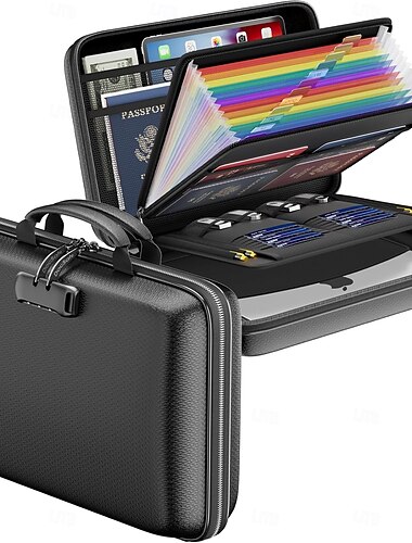  Organizzatore di documenti ignifugo con serratura, custodia rigida ignifuga, scatola portadocumenti con 13 tasche a soffietto, contenitore sicuro portatile per casa, ufficio e viaggi per documenti