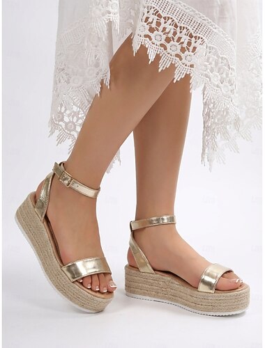  Espadrilles compensées dorées pour femmes - élégantes sandales compensées à bride cheville métallisée et semelle en jute tressée, idéales pour les vacances à la plage et les croisières estivales.