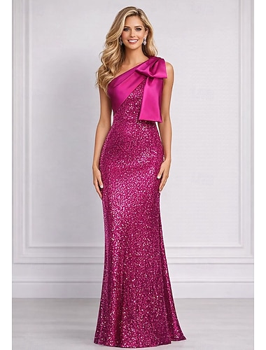  Schlauchkleid Bodenlang Abendkleid Abendkleid Elegant Glitzernd Ärmellos Ein-Schulter Abschlussball Formell Satin Paillettenbesetzt mit Schleife(n)