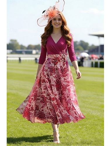  A-الخط طول الكعب فستان الحفلة فستان كوكتيل فستان زفاف ضيف فستان أم العروس 3/4 الكم V رقبة رقبة سكوب أنيق رسمي ضيف حفل زفاف شيفون مترتر سترتش مع زهور