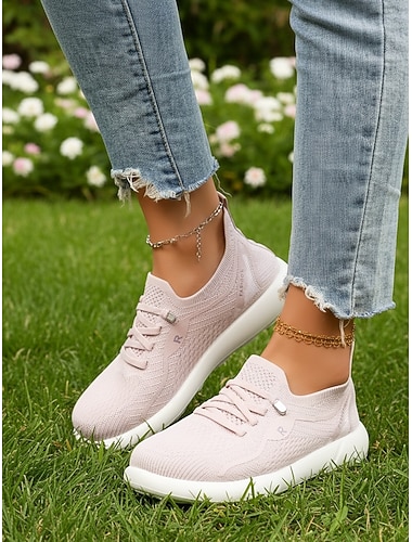  Rosa damesko med bred strikk – pustende, lette og komfortable joggesko med polstret sklisikker såle, uformelle sportssko for reiser, turgåing, utendørs og hverdagsbruk