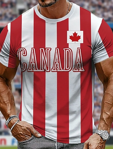  Fußball-WM 2026, kanadische Nationalmannschaft, rot-weiße Längsstreifen, Kanada-Schriftzug, lässiges Herren-Kurzarmshirt mit Allover-Print, figurbetont, ideal für Fans am Spieltag, Designer-Kleidung,