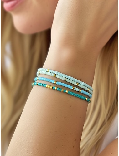  Juego de 4 pulseras de cuentas elásticas bohemias para mujer, diseño de cuentas con detalles dorados, perfecto para vacaciones en la playa y uso diario informal.