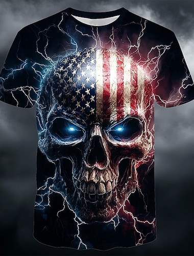  Amerikas 250. Jahrestag: Patriotisches Herren-T-Shirt mit US-Flagge, Totenkopf und Blitzmotiv, Kurzarm, Rundhalsausschnitt, cooles Krieger-Top, Designer-Kleidung, Größen S, M, L, XL, XXL, XXXL