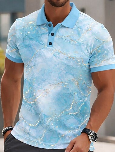  Voor heren Meetkundig Marmer Poloshirts Korte mouw Poloshirt Overhemden met kraag Casual Sportkleding Knop Lente zomer blauw Paars Groen