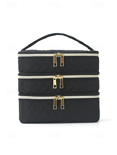  Gewatteerde make-up organizer voor dames van polyester, verkrijgbaar in meerdere kleuren, met een grote capaciteit en meerdere vakken, ideaal voor dagelijks gebruik, vakantie en reizen.