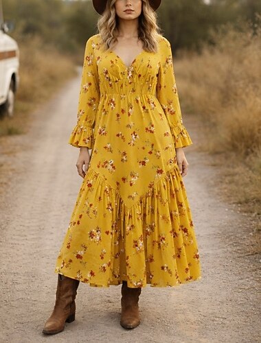  Bohème Rétro Vintage Boho Robe Manches longues Hippie Disco Fleuri Déguisement Femmes Festival de Musique Tenue quotidienne Adulte Robe Été Printemps