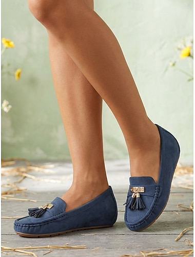  Damen Lässige Daily Metallquasten Flats Absatz Wedge Runde Zehen Klassische Lässige Komfort Kunstleder Loafer Schwarz Blau Braun