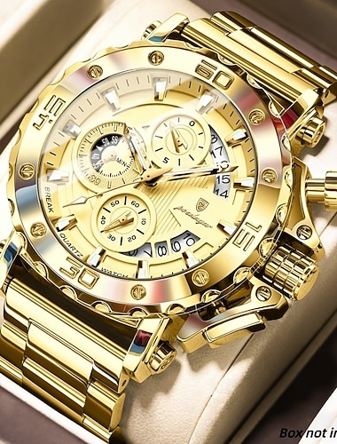  Pánské zlaté hodinky, luxusní chronografické quartzové analogové náramkové hodinky s velkým ciferníkem a zlatým páskem z nerezové oceli, vodotěsné světelné business sportovní módní hodinky s