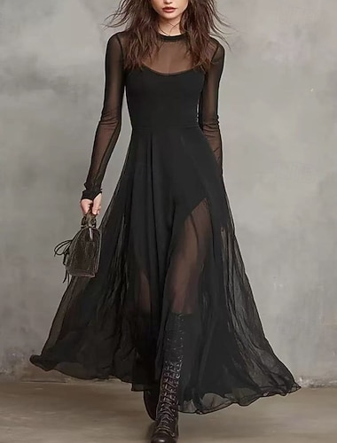  Damen Midikleid Sommerkleid Etui-Kleid Tüllkleid Unterkleid Urlaub Lässig Strand Täglich Strand Party Schlank Einfach Langarm Rundhalsausschnitt Schwarz Herbst