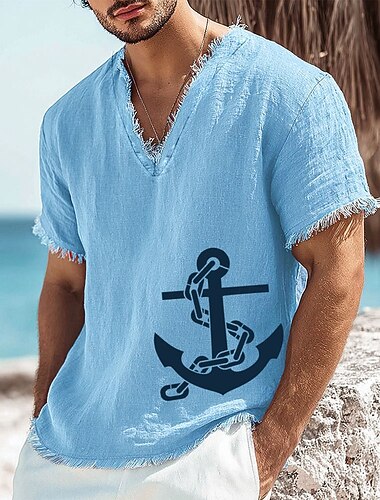  Herr stor nautisk ankarkedja tryckt linne-bomullsblandning V-ringad t-shirt med råa kanter sommar strandsemester segling t-shirt fransig mjuk avslappnad topp S-3XL