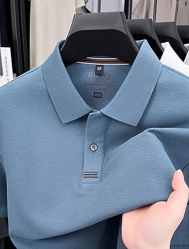  Homens Pólo Camisa polo de mistura de algodão Casual O negócio Lapela Manga Curta Moda Moderno Tecido Botões Puro Verão Primavera Normal Azul Céu Preto Branco Azul Marinha Roxo Cinzento Claro Pólo