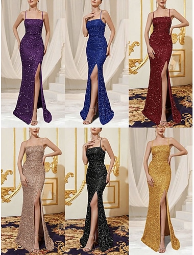  Damen Maxikleid Paillettenkleid Partykleid Cocktailkleid Unterkleid Elegant Mode Modern Abendgesellschaft Party Hochzeit Normale Passform Einfach Ärmellos Spaghettiträger Schwarz Champagner Rote
