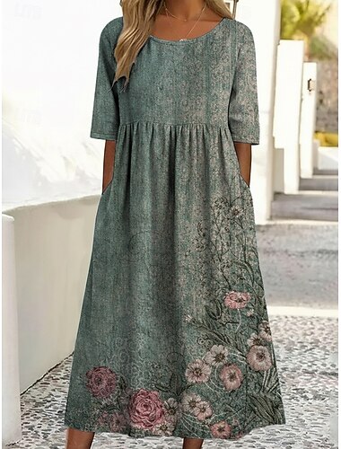  女性用 ミディドレス カジュアルドレス プリントドレス ヴィンテージ アウトドア バケーション お出かけ ルーズフィット フラワー グラフィック ハーフスリーブ クルーネック ブルー イエロー パープル グリーン 夏 春