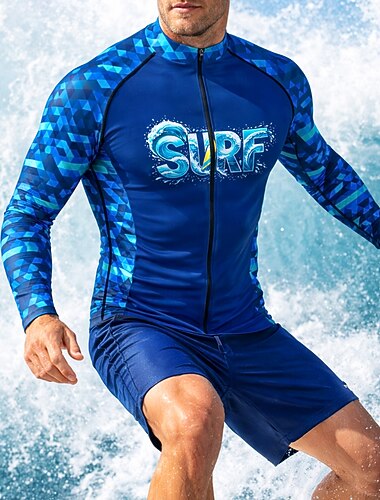  Herren Standard Anti UV Shirt T-Shirt zum Schwimmen Alphabet Geometrisch Farbblockierung Reißverschluss UPF50+ UV Schutz Schnelltrocknend Langarm Bademode Schutz gegen Hautausschlag Surfen Kanufahren