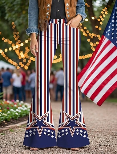  250. rocznica USA Retro / vintage 1970 Spodnie Spodnie z dzwonkiem Hipisowskie Dyskoteka Wysoka talia Strój na bal maskowy Damskie Bal maskowy 4 lipca Impreza Dzień Niepodległości Dla dorosłych