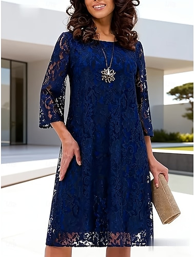  Damskie Sukienka do kolan Koronkowa sukienka Sukienka na imprezę Sukienka koktajlowa Elegancja Plaża Impreza Ślub Regularny Równina Rękaw 1/2 W serek Niebieski Czerwony Lato Wiosna