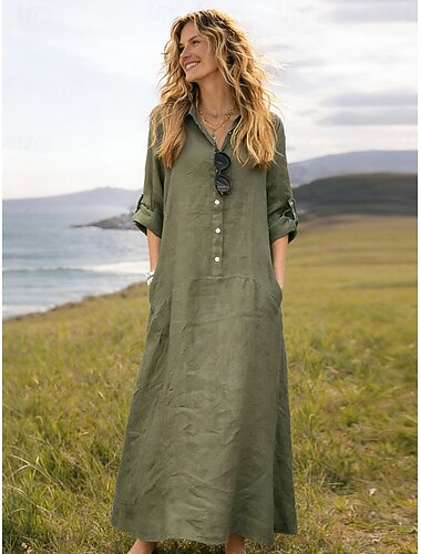  Femmes Robe maxi Faux coton lin Robe Chemise Robe Décontractée Basique Occasionnel Quotidien Vacances Coupe régulière Uni manche longue Col de chemise Rose Claire Vert Gris Printemps Automne